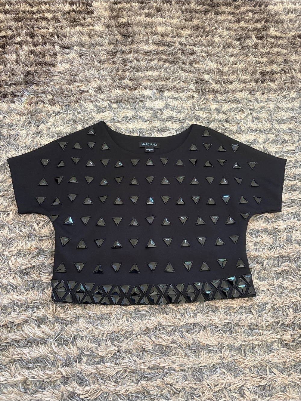 New Marciano Black Jeweled Triangle Crystal Crop Top Studded Blouse Party XS